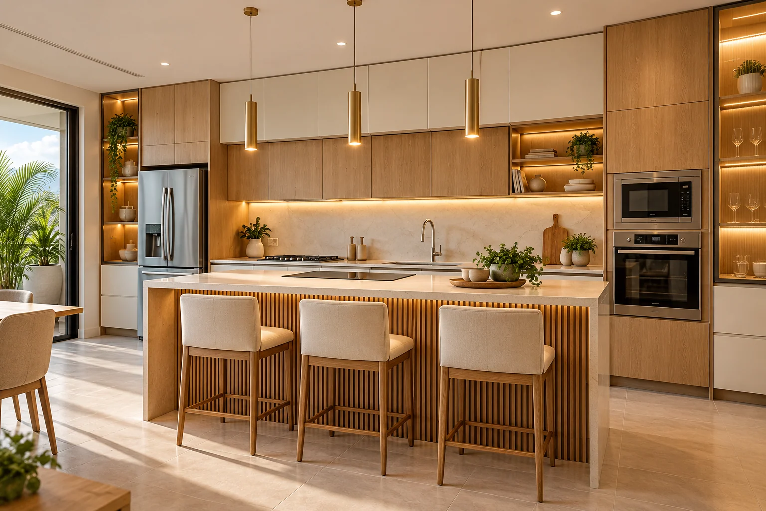 Inspiração de cozinha integrada com marcenaria amadeirada, ilha e luz acolhedora